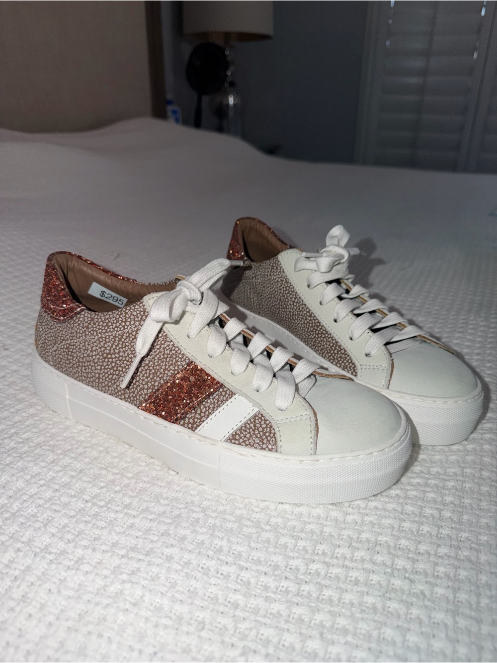 White and Rose Gold Glitter Platform Lace-Up Sneakers